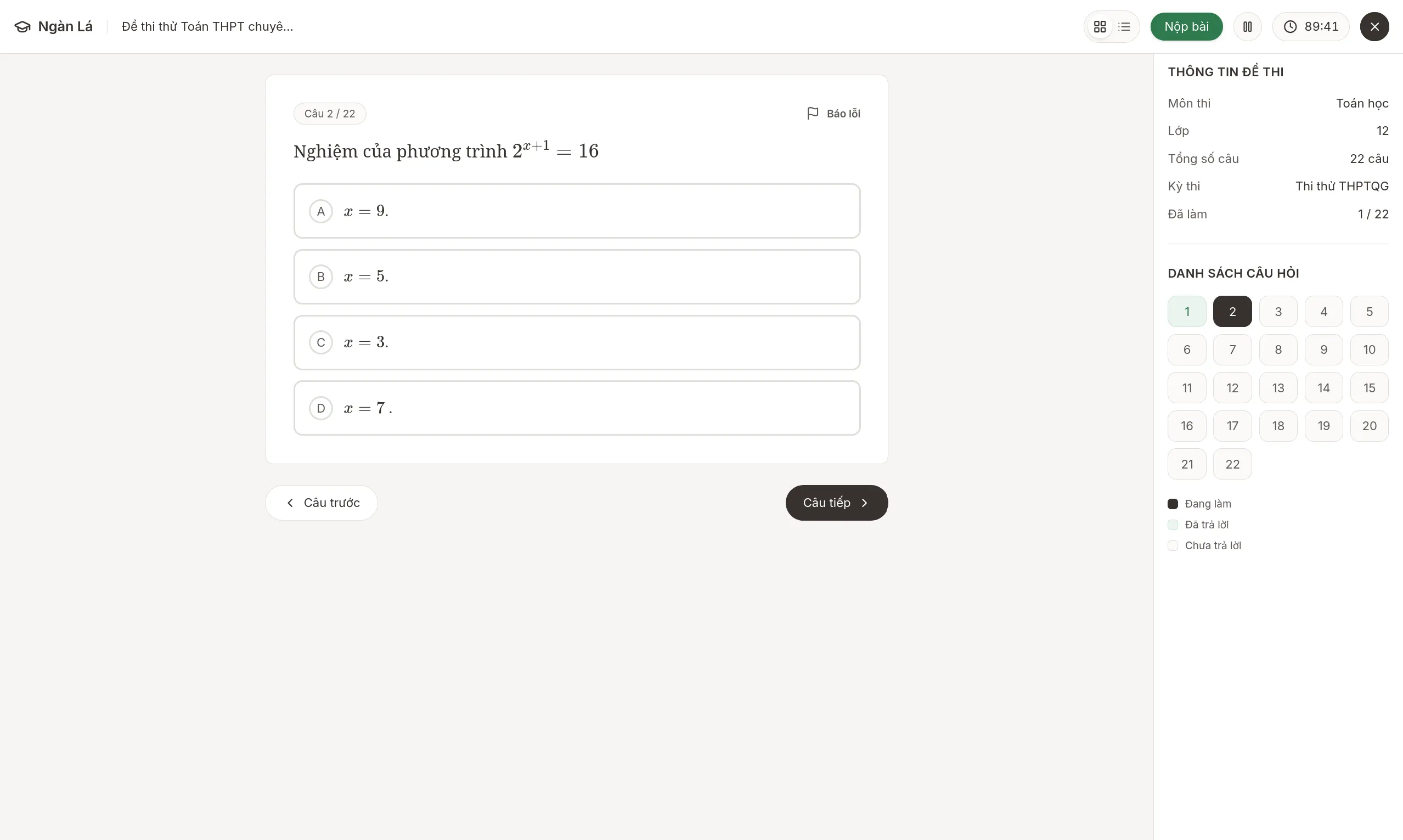 Exam taking (single question)