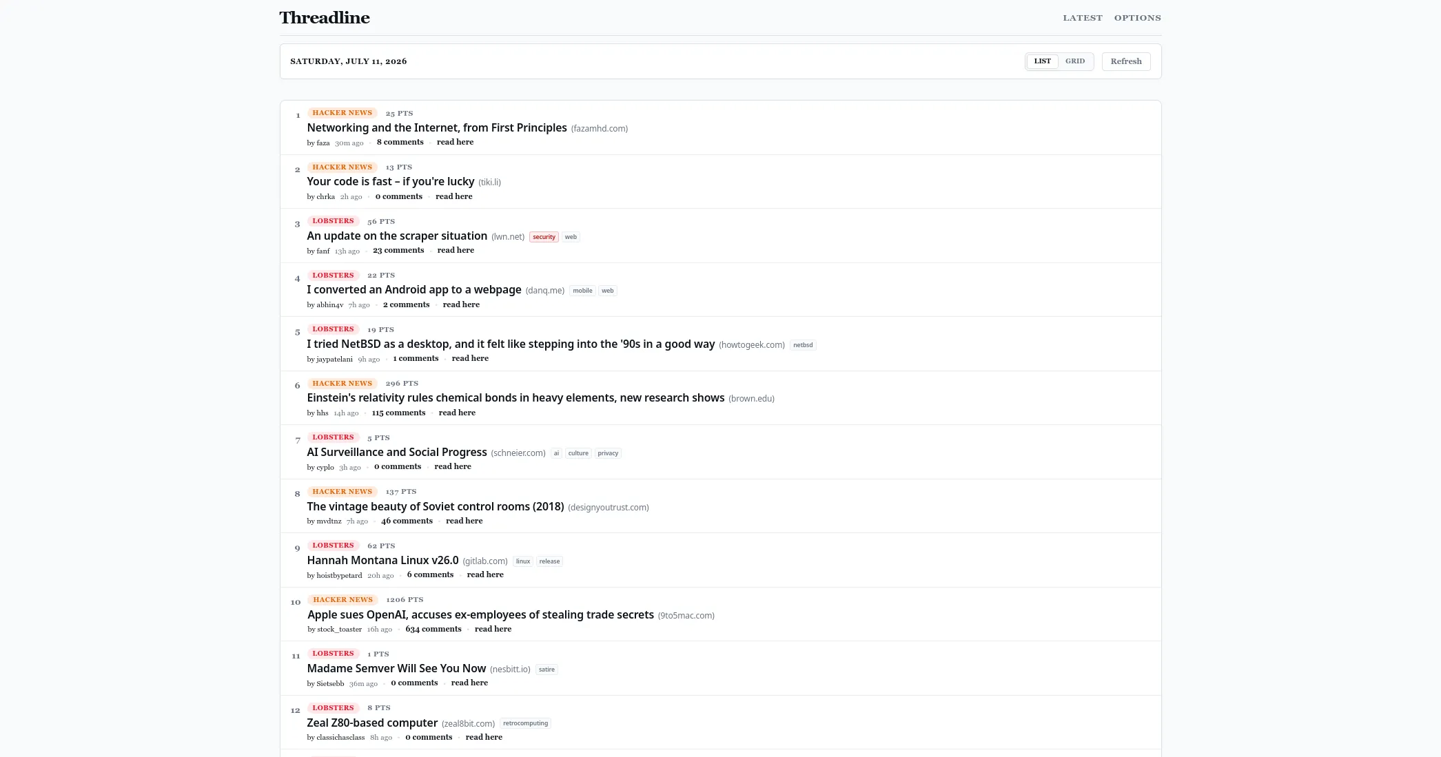 Threadline front page in list layout