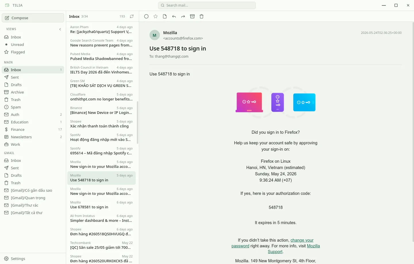 Tilia inbox with accounts, message list, and message reader