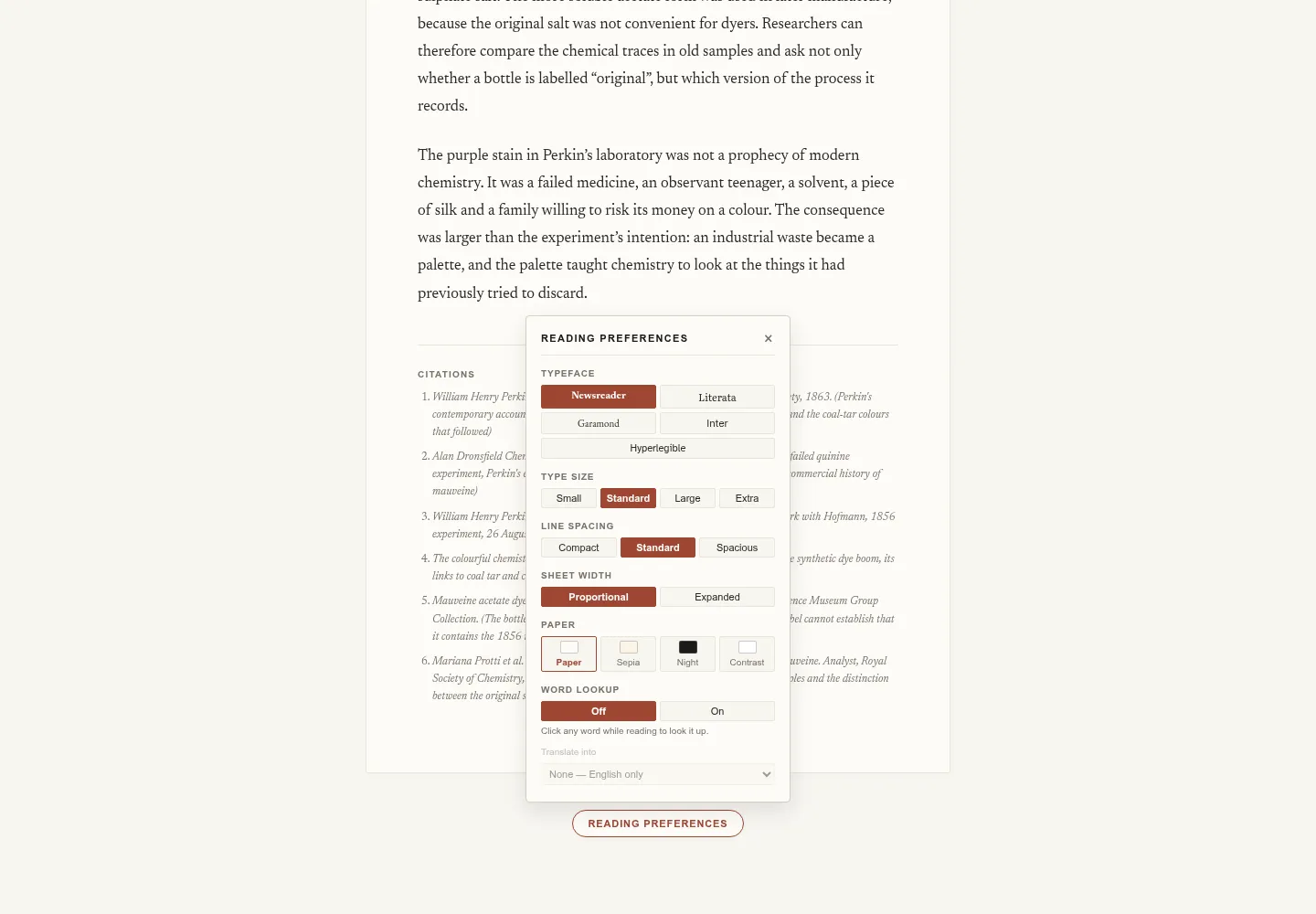 Treatise reading preferences panel with typography, paper theme, and word lookup settings