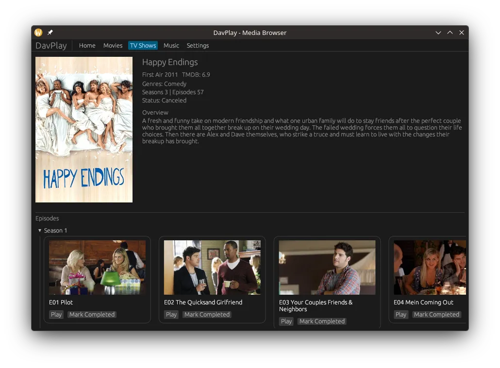 DavPlay TV shows page showing Happy Endings